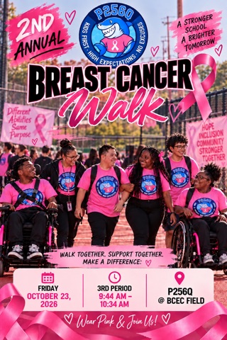 2nd Annual P256Q Breast Cancer Walk flyer. Friday, October 23, 2026, third period, 9:44 to 10:34 AM, at the BCEC field. Wear pink and join us.